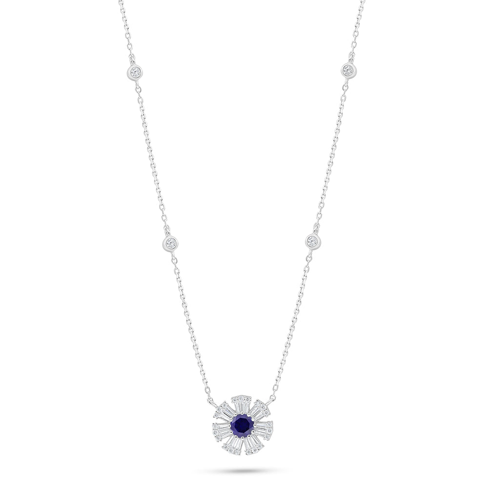 Sterling Silver 925 Necklace Rhodium Plated Embedded With Sapphire Corundum And White Zircon