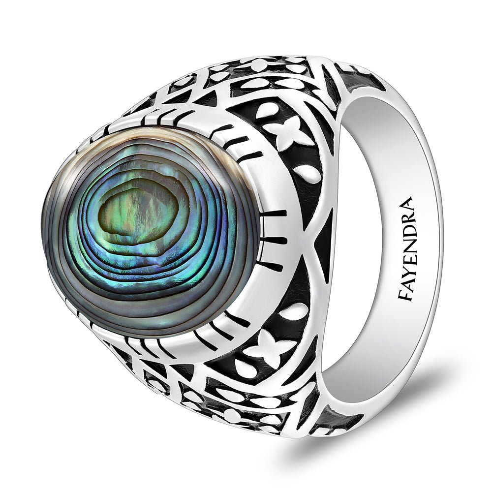 خاتم رجالي من الفضة الخالصة عيار 925 مطلي روديوم و اسود مرصع احجار صدف استرالي كابشون