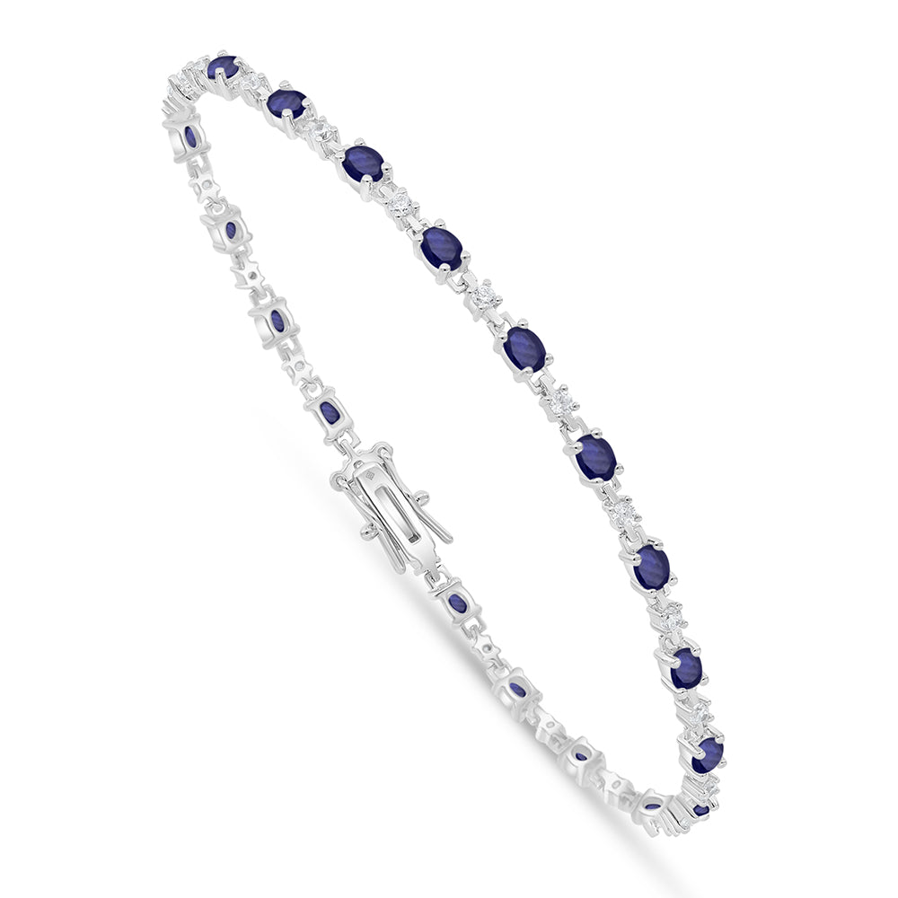 Sterling Silver 925 Bracelet Rhodium Plated Embedded With Sapphire Corundum And White Zircon