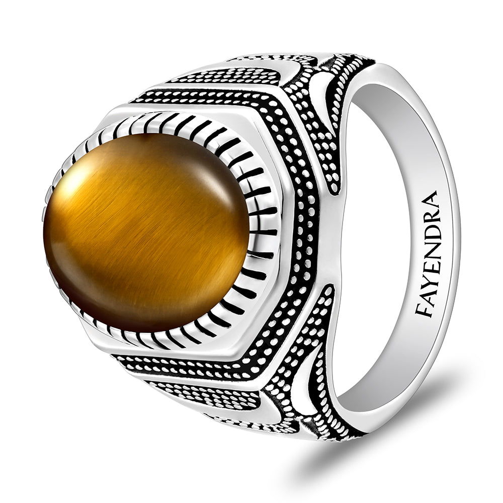 خاتم رجالي من الفضة الخالصة عيار 925 مطلي روديوم و اسود مرصع احجار عين النمر اصفر كابشون