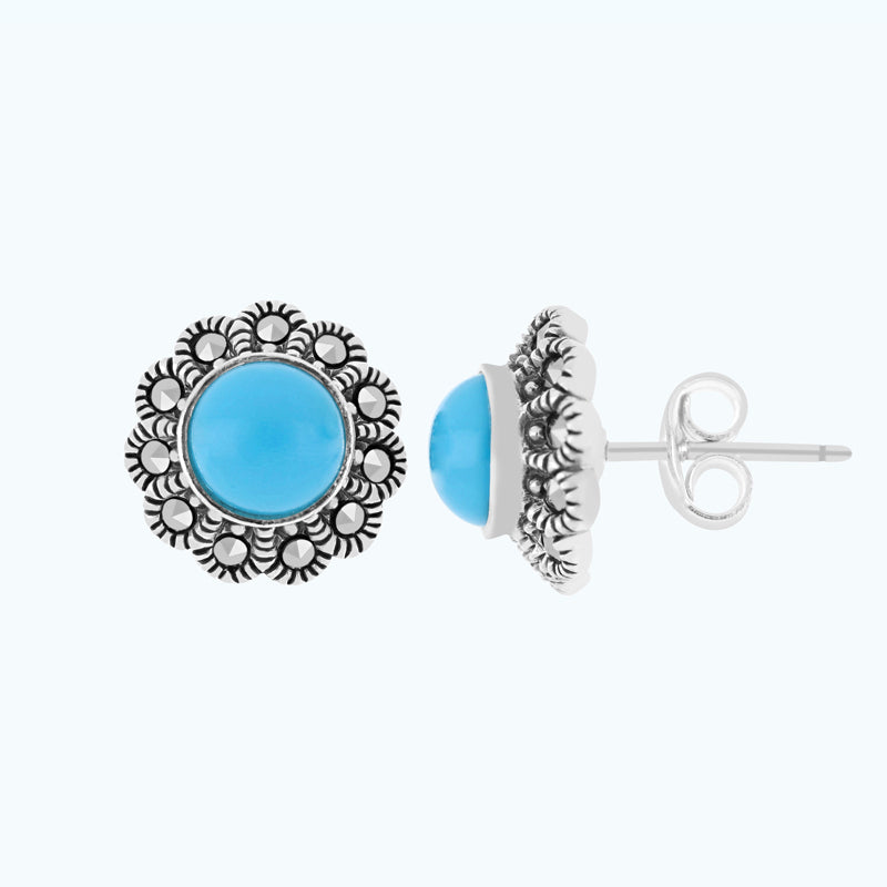 Sterling Silver 925 Earring Embedded With Natural Processed Turquoise And Marcasite Stones