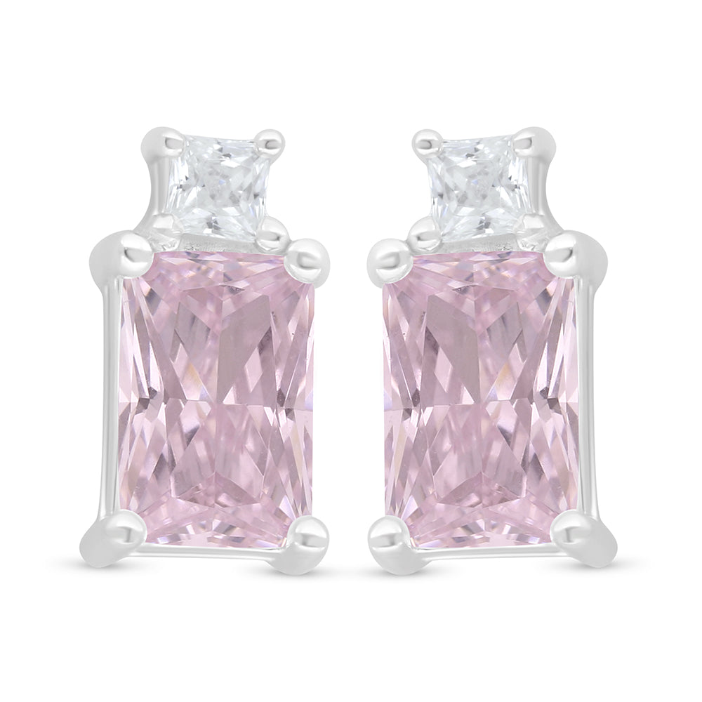 Sterling Silver 925 Earring Rhodium Plated Embedded With Pink Zircon And White Zircon