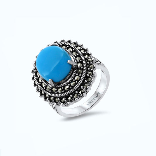 Sterling Silver 925 Ring Natural Processed Turquoise Marcasite Stones