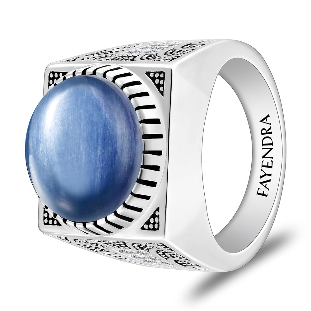 Sterling Silver 925 Ring Rhodium And Black Plated Embedded With Natural Kyanite Cabochon And White Zircon For Men