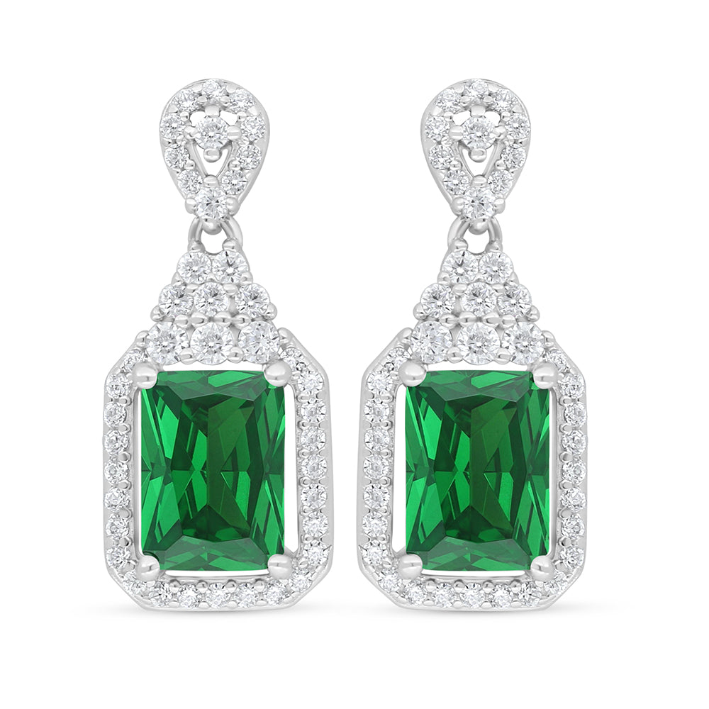 Sterling Silver 925 Earring Rhodium Plated Embedded With Emerald Zircon And White Zircon