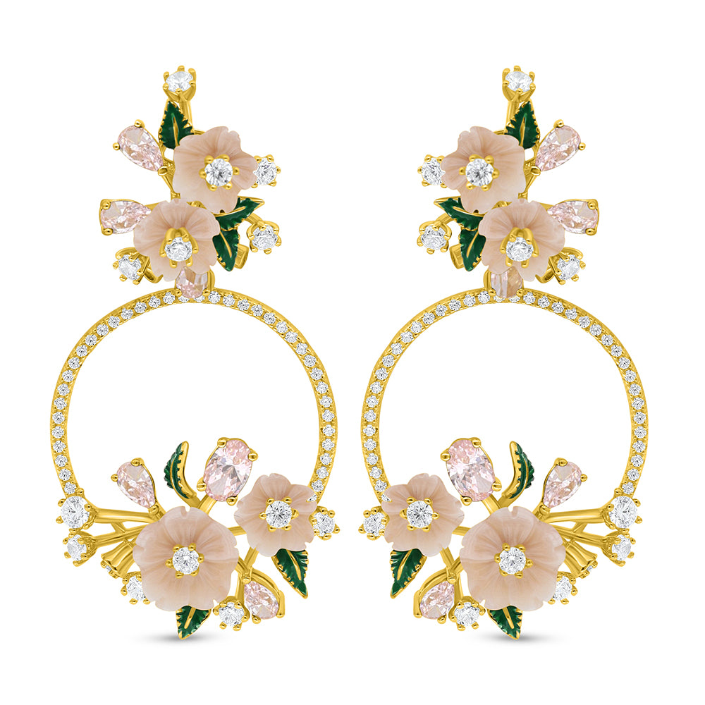 اقراط من الفضة الخالصة عيار 925 مطلية ذهبي مرصعة صدف وردي و زركون بنك