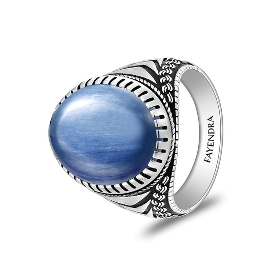 Sterling Silver 925 Ring Rhodium And Black Plated Embedded With Natural Kyanite Cabochon For Men