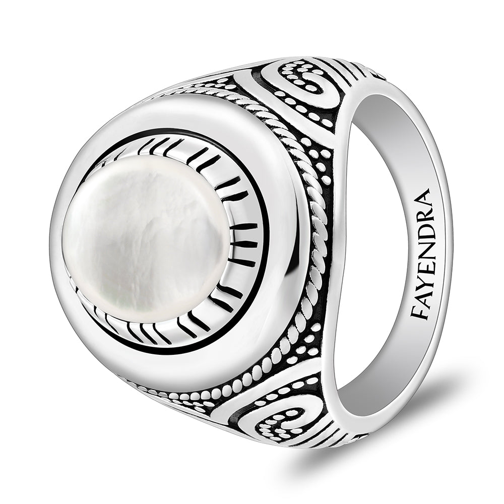 خاتم رجالي من الفضة الخالصة عيار 925 مطلي روديوم و اسود مرصع احجار صدف ابيض كابشون