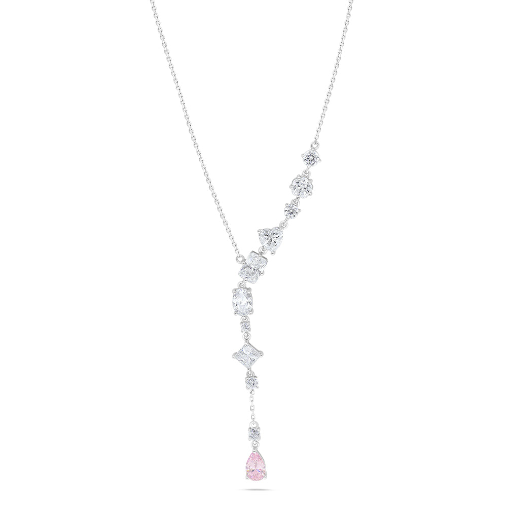 Sterling Silver 925 Necklace Rhodium Plated Embedded With Pink Zircon And White Zircon