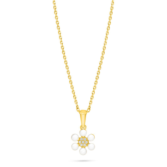Sterling Silver 925 Necklace Golden Plated Embedded With Natural White Pearl And White Zircon
