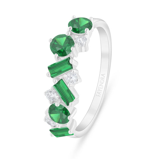 Sterling Silver 925 Ring Rhodium Plated Embedded With Emerald Zircon And White Zircon