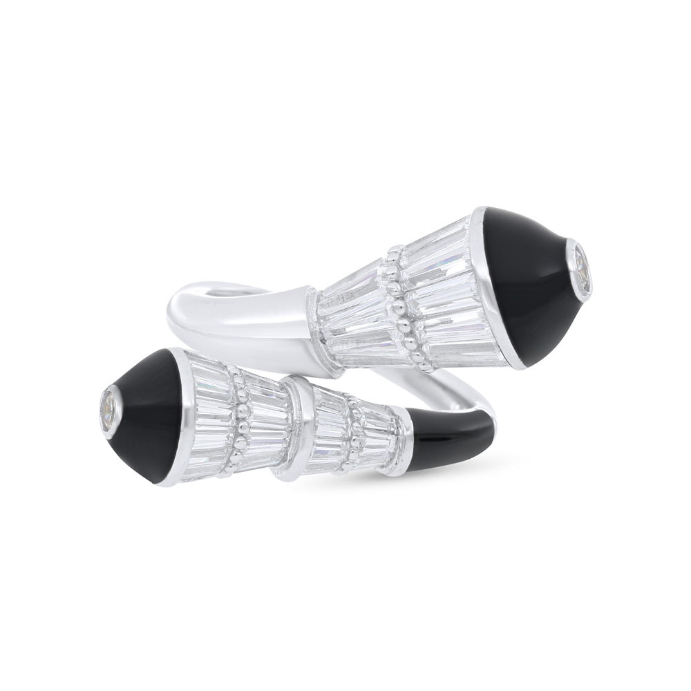 Sterling Silver 925 Ring Rhodium Plated Embedded With Black Enamel And White Zircon
