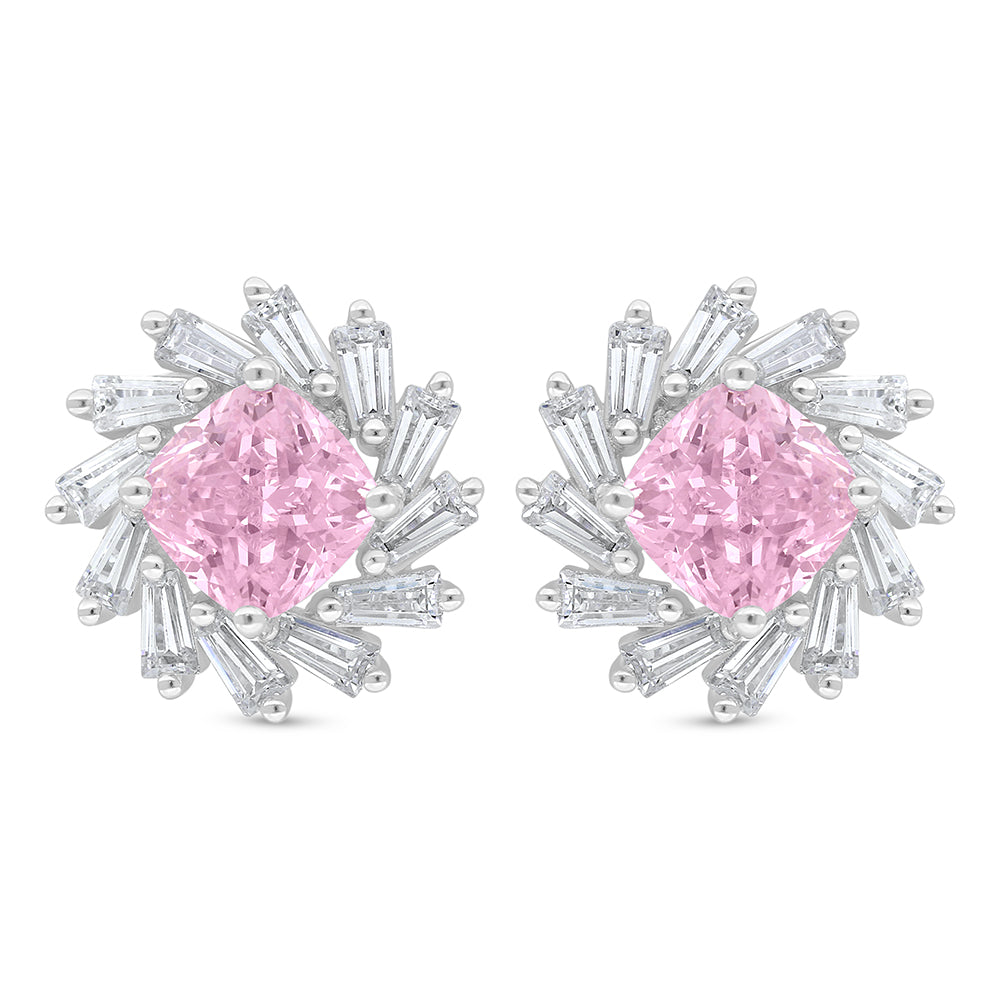 Sterling Silver 925 Earring Rhodium Plated Embedded With Pink Zircon And White Zircon