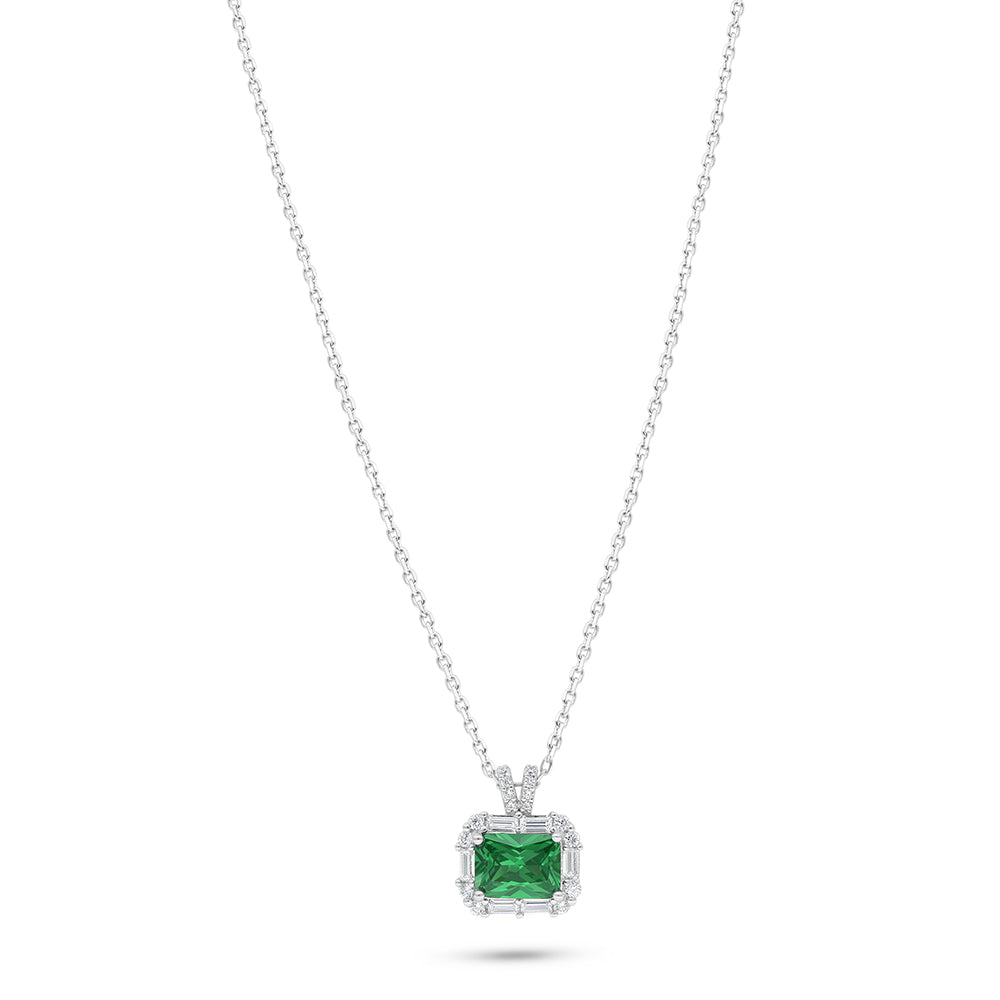 Sterling Silver 925 Necklace Rhodium Plated Embedded With Emerald Zircon And White Zircon