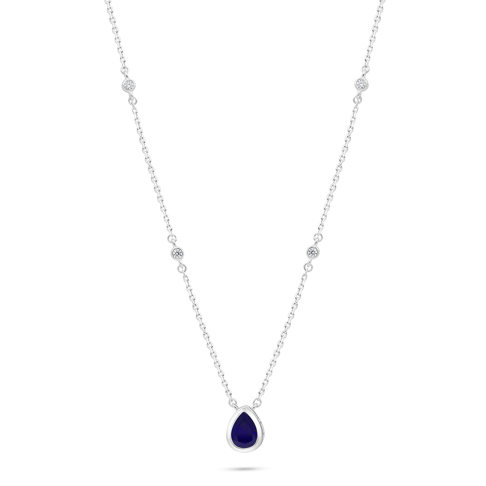 Sterling Silver 925 Necklace Rhodium Plated Embedded With Sapphire Corundum And White Zircon