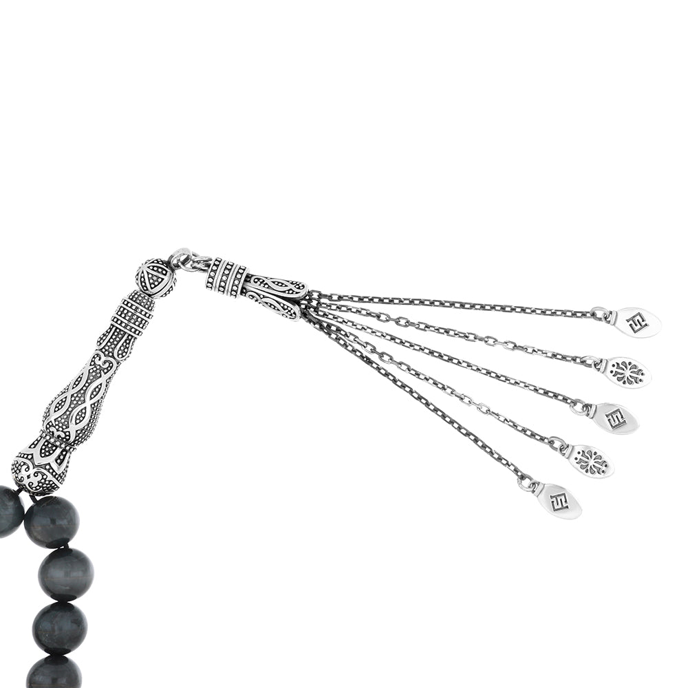 Oxidized Silver Rosary Beads – 33 Handmade Prayer Beads Set with intricate tassel and silver detailing.
