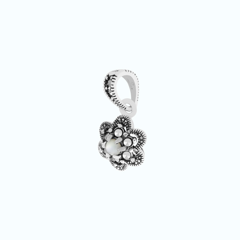 Sterling Silver 925 Pendant Embedded With Natural White Shell And Marcasite Stones