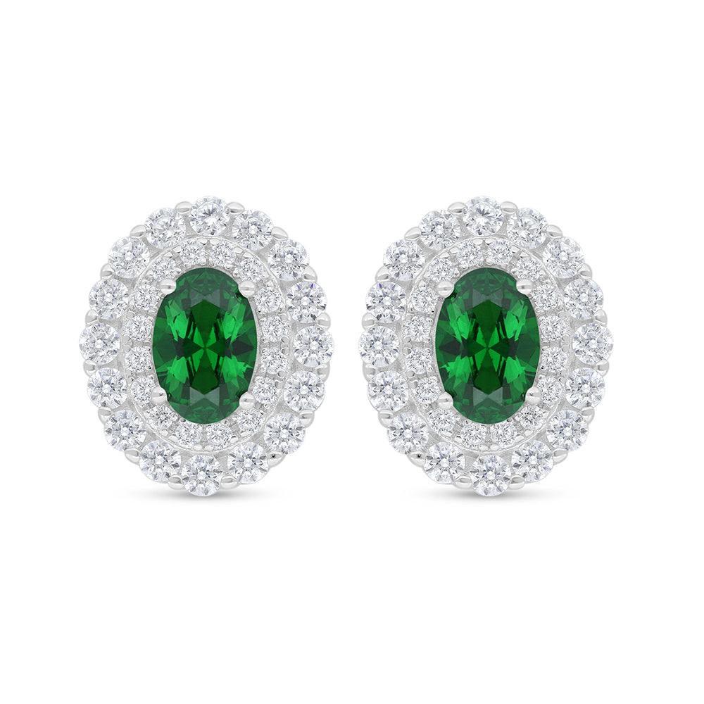Sterling Silver 925 Earring Rhodium Plated Embedded With Emerald Zircon And White Zircon