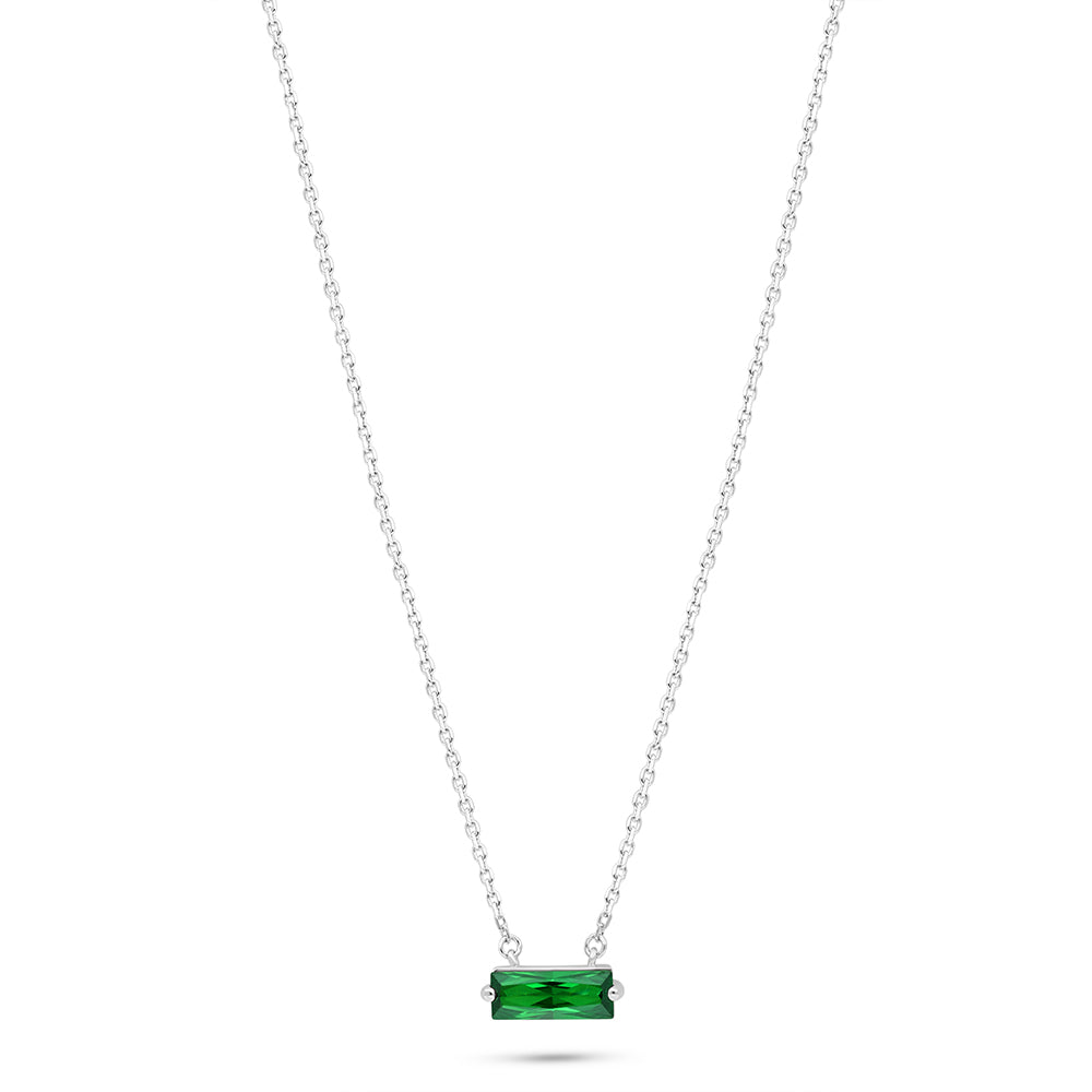 Sterling Silver 925 Necklace Rhodium Plated Embedded With Emerald Zircon