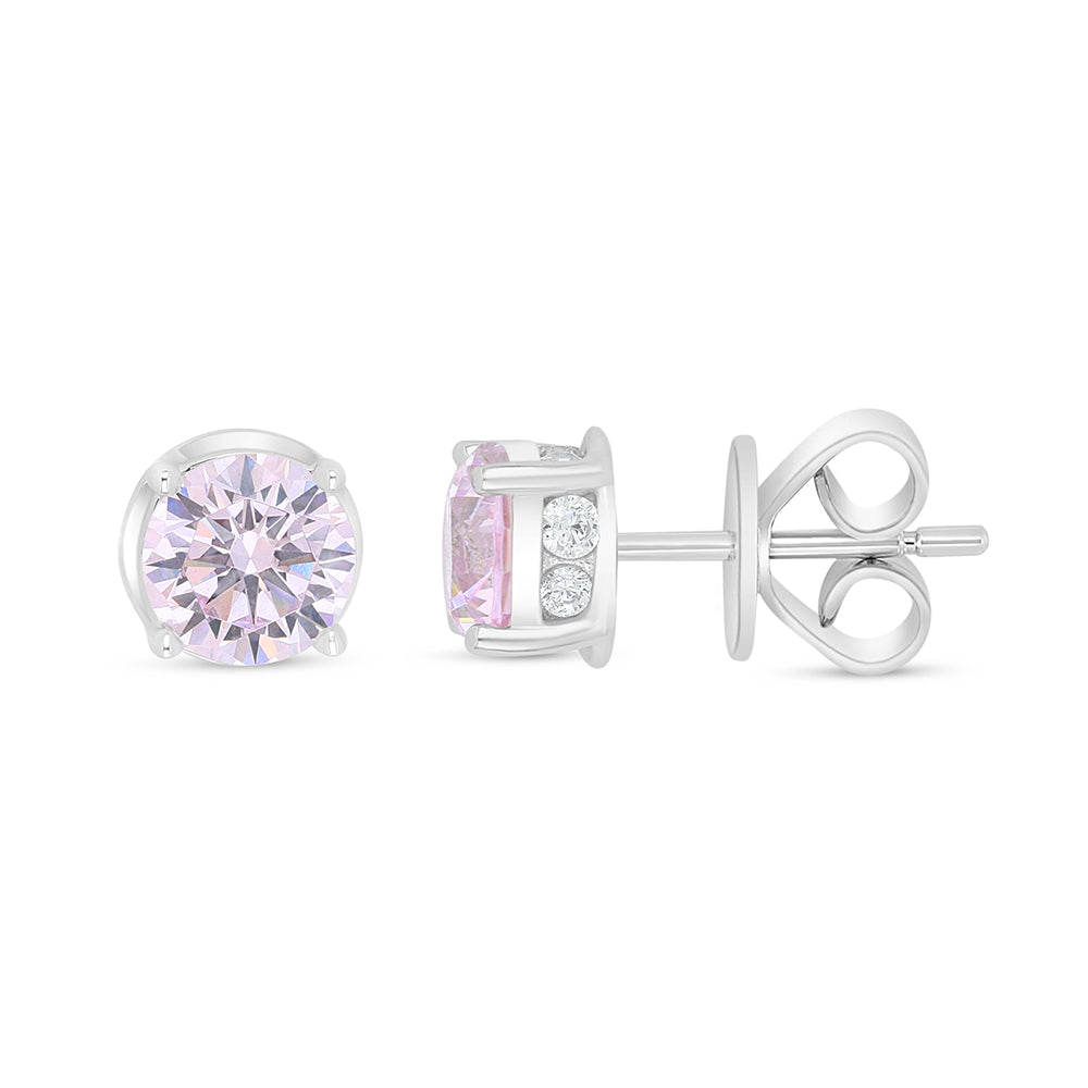 Sterling Silver 925 Earring Rhodium Plated Embedded With Pink Zircon And White Zircon