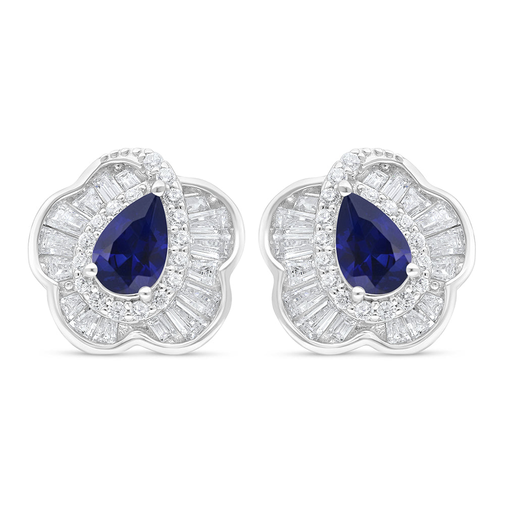 Sterling Silver 925 Earring Rhodium Plated Embedded With Sapphire Corundum And White Zircon