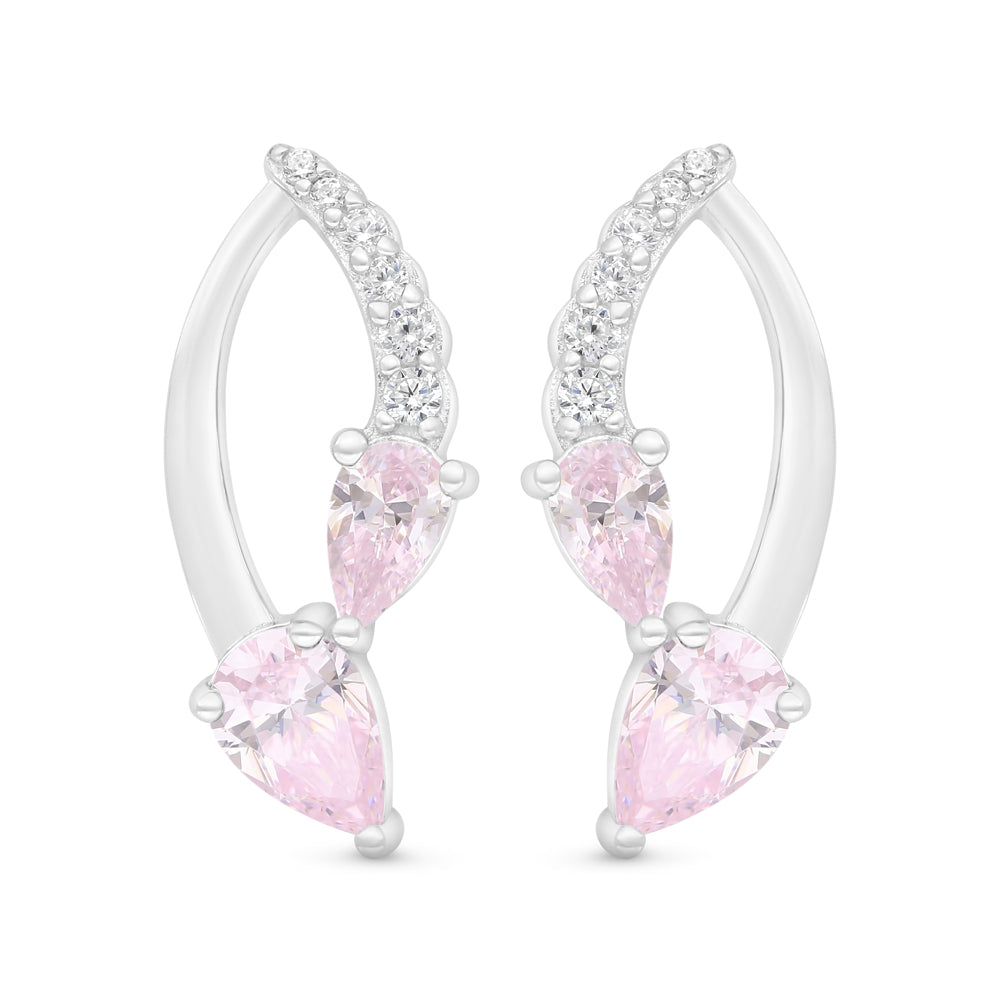 Sterling Silver 925 Earring Rhodium Plated Embedded With Pink Zircon And White Zircon