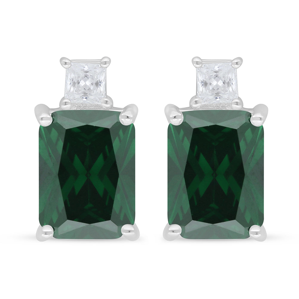 Sterling Silver 925 Earring Rhodium Plated Embedded With Emerald Zircon And White Zircon