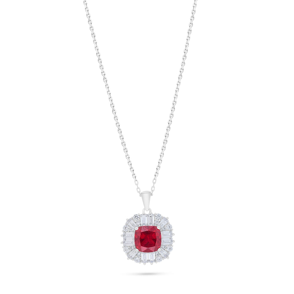 Sterling Silver 925 Necklace Rhodium Plated Embedded With Ruby Corundum And White Zircon