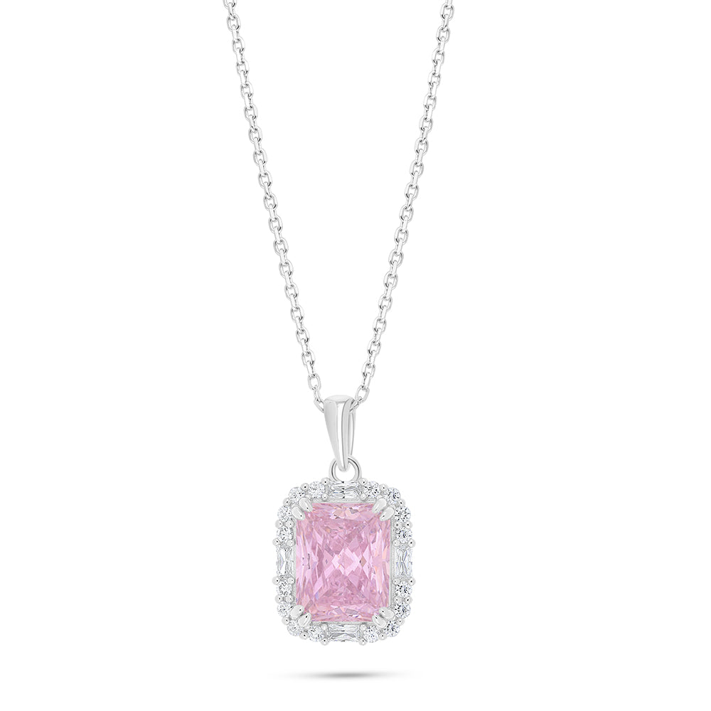 Sterling Silver 925 Necklace Rhodium Plated Embedded With pink Zircon And White Zircon