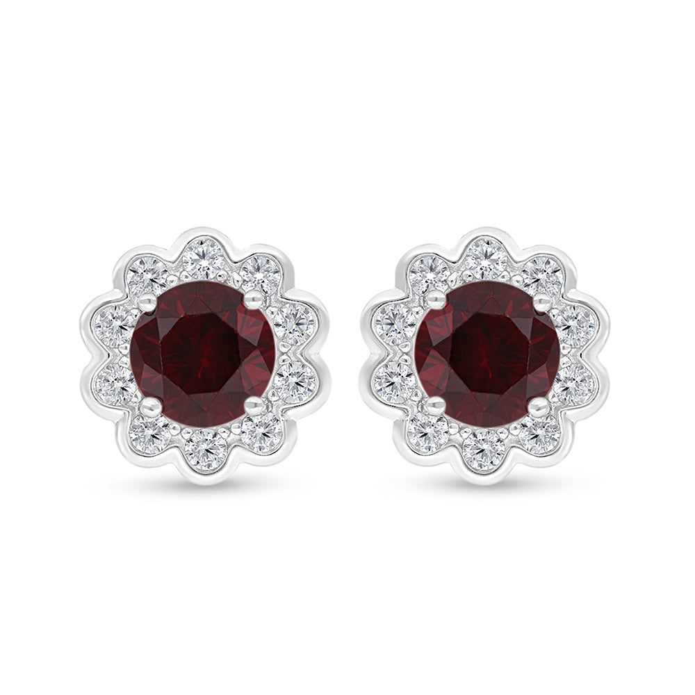 Sterling Silver 925 Earring Rhodium Plated Embedded With Ruby Corundum And White Zircon