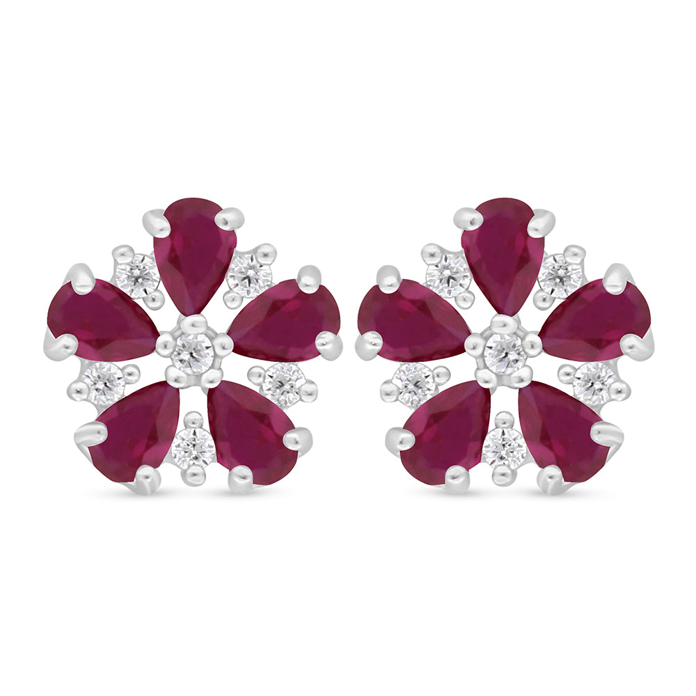 Sterling Silver 925 Earring Rhodium Plated Embedded With Ruby Corundum And White Zircon