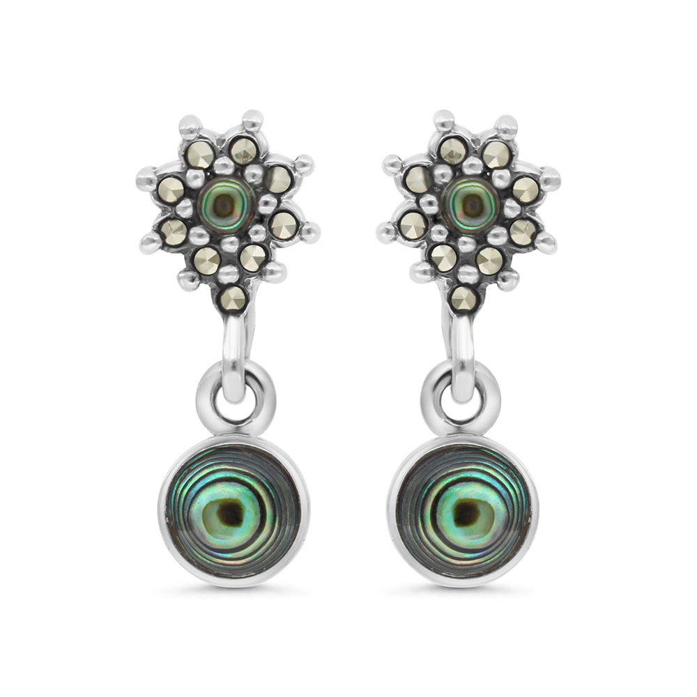 Sterling Silver 925 Earring Embedded With Natural Blue Shell And Marcasite Stones