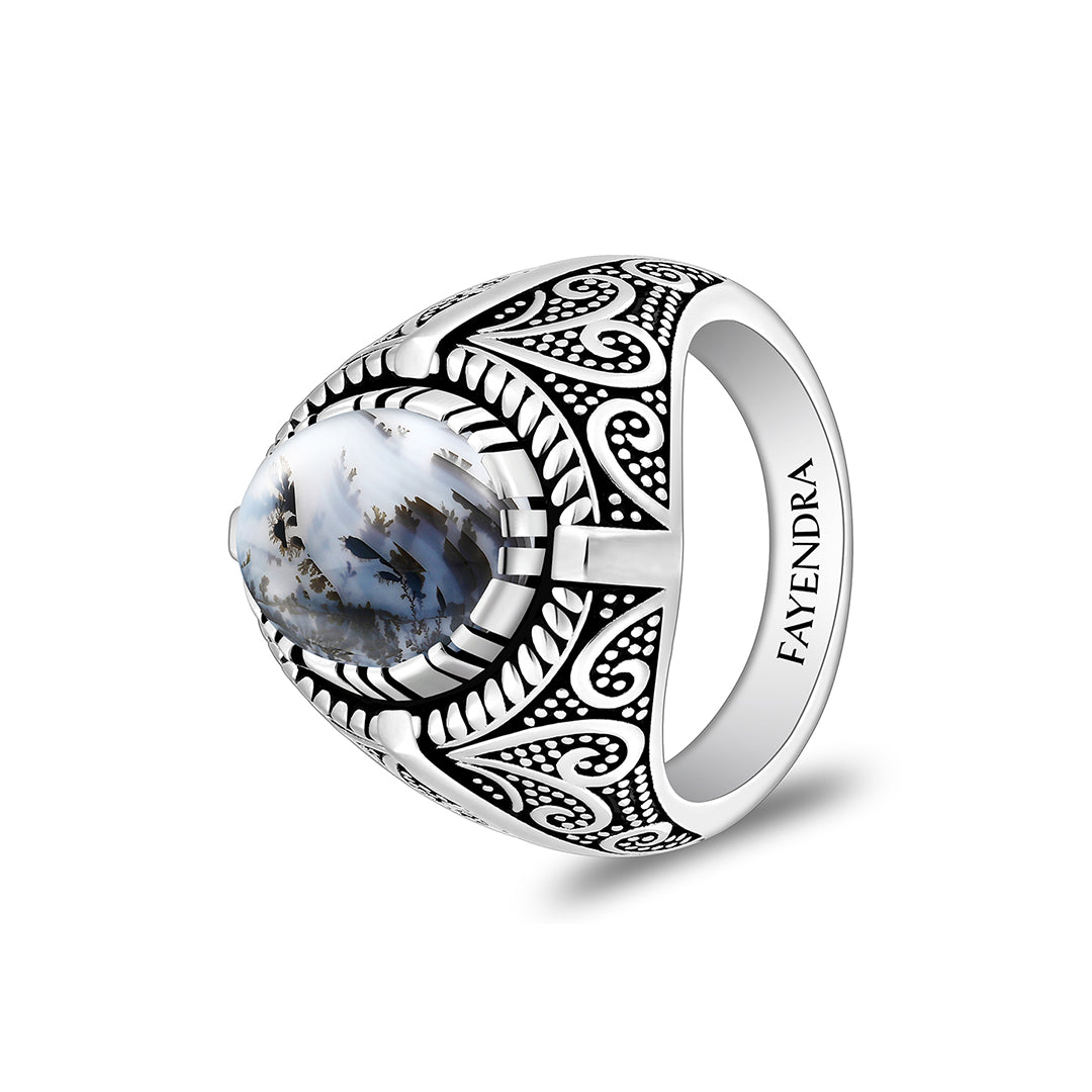 خاتم رجالي من الفضة الخالصة عيار 925 مطلي روديوم و اسود مرصع احجار عقيق مشجر طبيعي كابشون