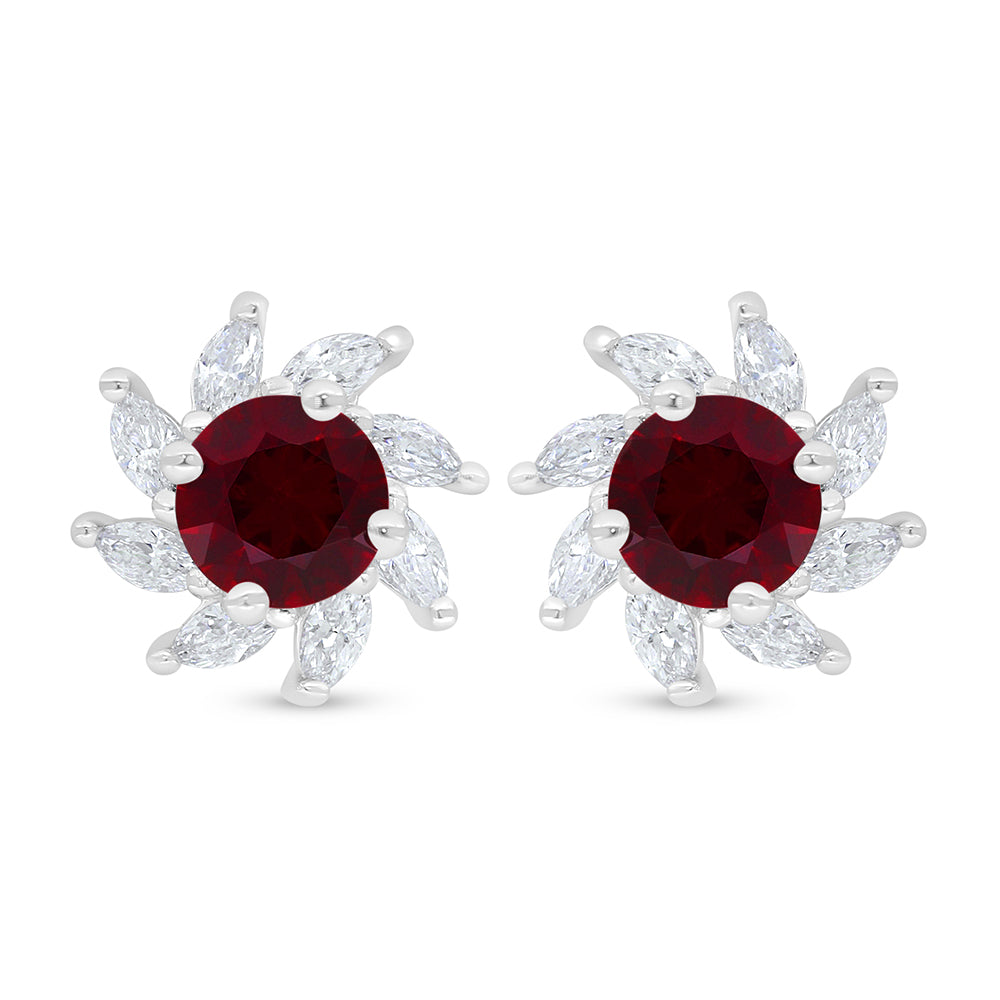 Sterling Silver 925 Earring Rhodium Plated Embedded With Ruby Corundum And White Zircon