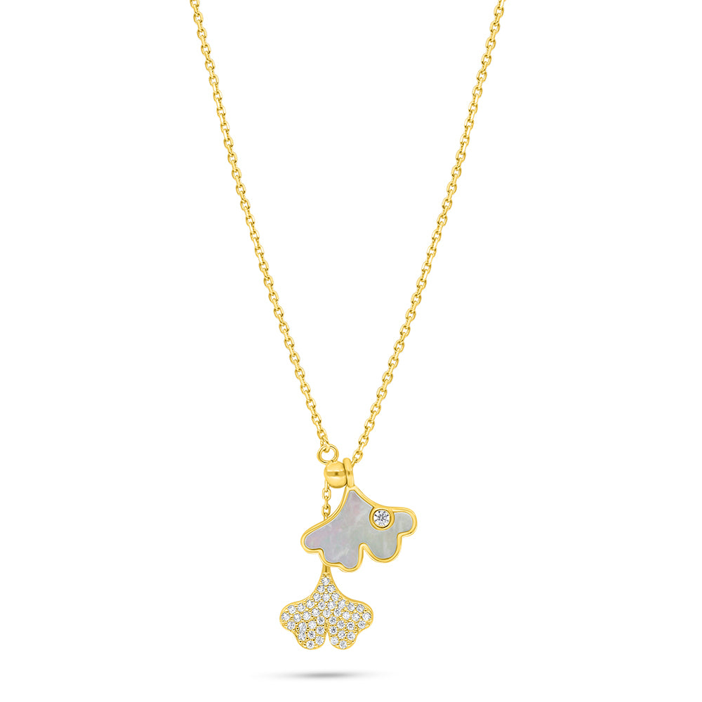 عقد من الفضة الخالصة عيار 925 مطلي ذهبي مرصع صدف ابيض و فص ابيض