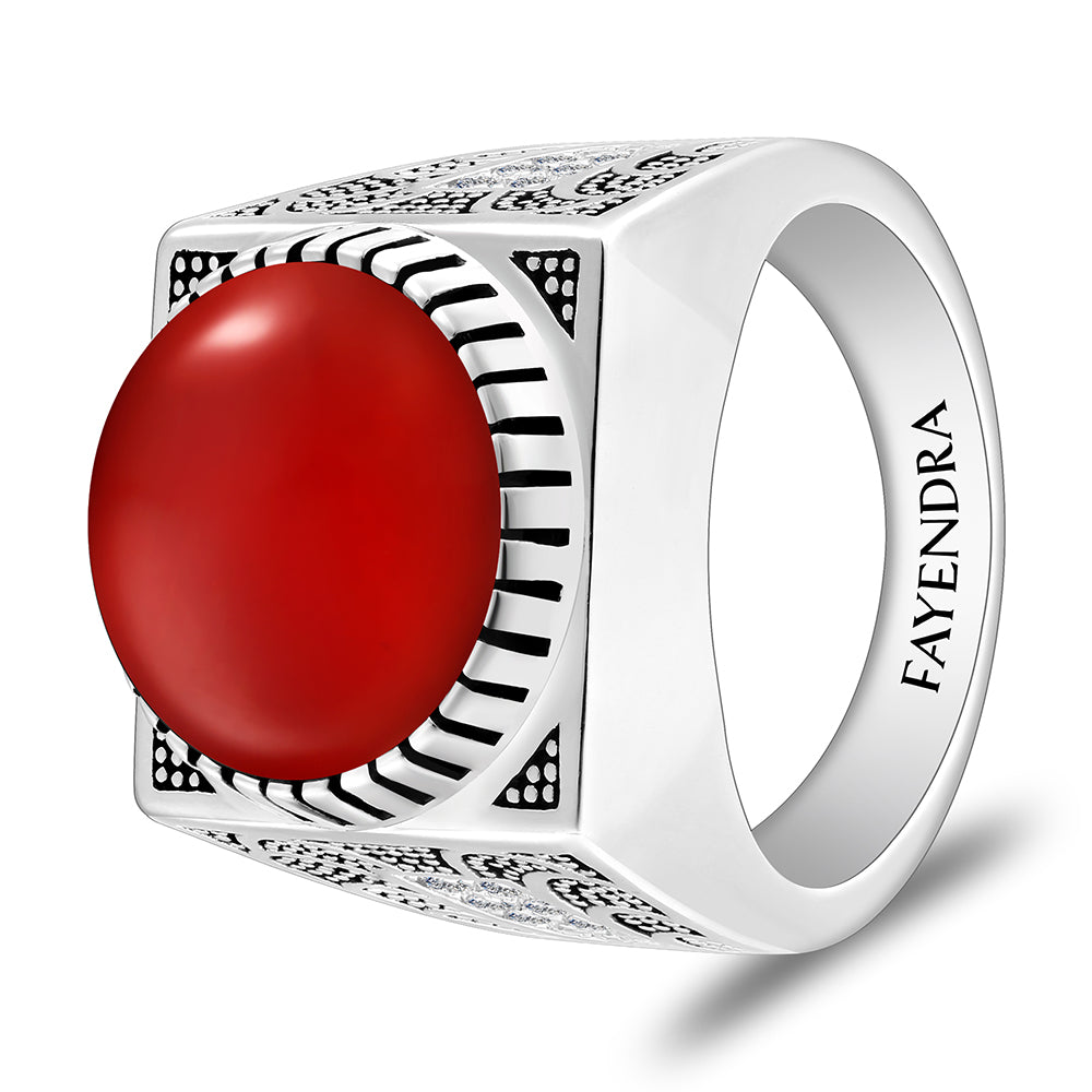 خاتم رجالي من الفضة الخالصة عيار 925 مطلي روديوم و اسود مرصع احجار عقيق احمر كابشون و فص ابيض