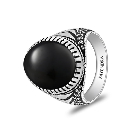 خاتم رجالي من الفضة الخالصة عيار 925 مطلي روديوم و اسود مرصع عقيق اسود طبيعي كابشون