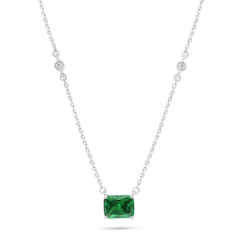 Sterling Silver 925 Necklace Rhodium Plated Embedded With Emerald Zircon And White Zircon