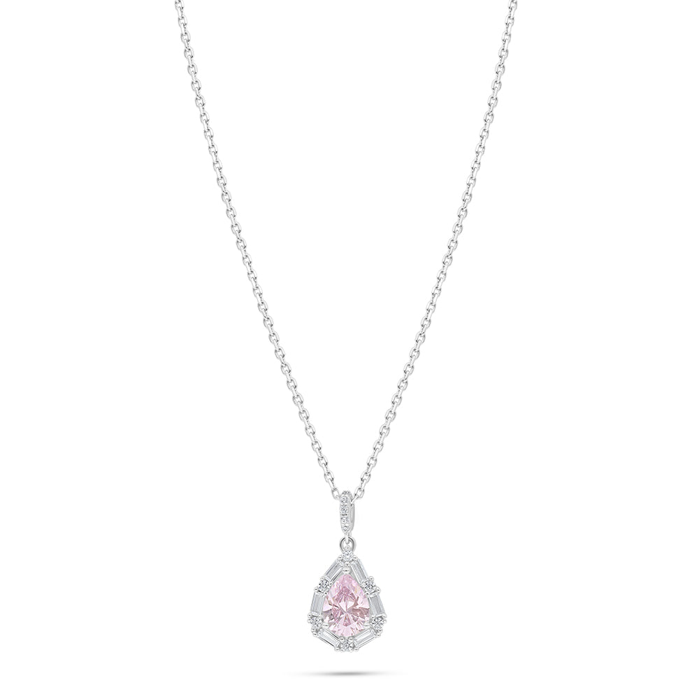 Sterling Silver 925 Necklace Rhodium Plated Embedded With Pink Zircon And White Zircon
