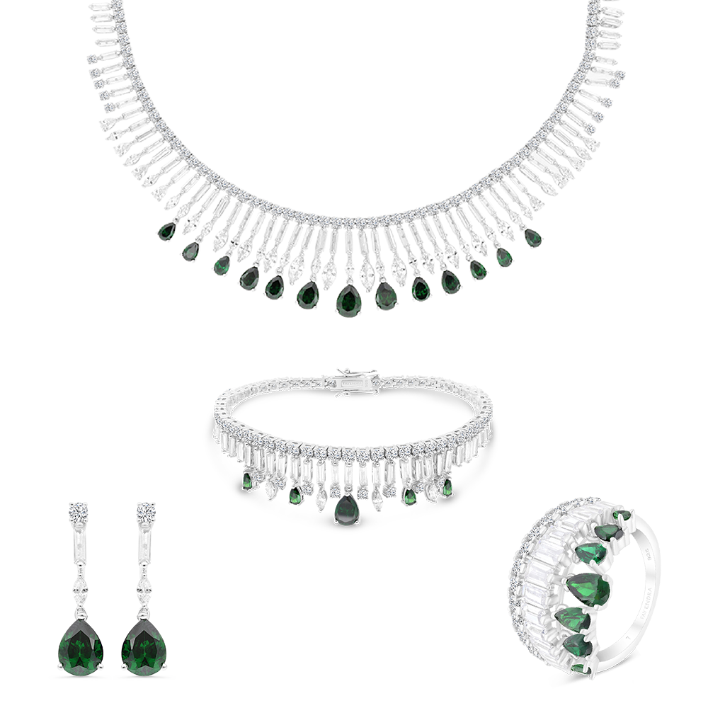 Sterling Silver 925 Set Rhodium Plated Embedded With Emerald