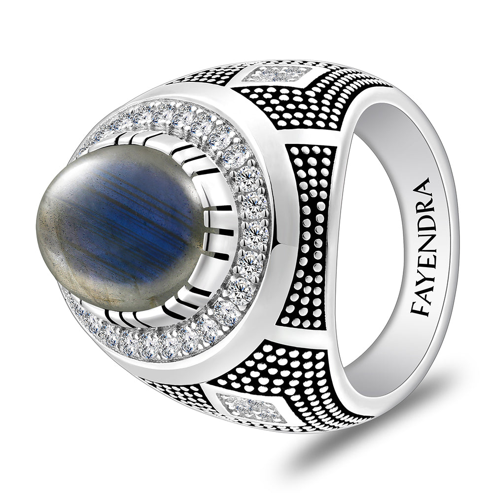 خاتم رجالي من الفضة الخالصة عيار 925 مطلي روديوم و اسود مرصع احجار لابرادوريت اوبالي كابشون وفص ابيض