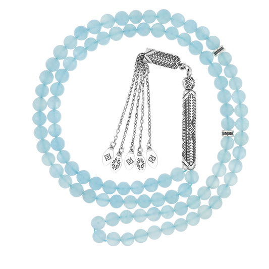 Natural aquamarine rosary beads – 33 bead prayer rosary with silver pendant and chains.