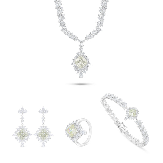 طقم من الفضة الخالصة عيار 925 مطلي روديوم مرصع احجار زركون كناري الماسي و فص ابيض
