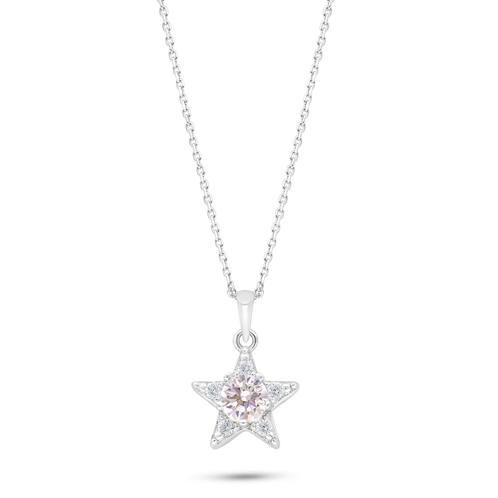 Sterling Silver 925 Necklace Rhodium Plated Embedded With Pink Zircon And White Zircon