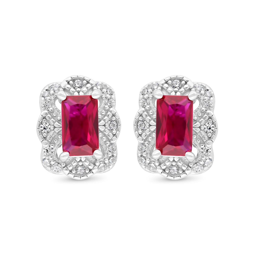 Sterling Silver 925 Earring Rhodium Plated Embedded With Ruby Corundum And White Zircon