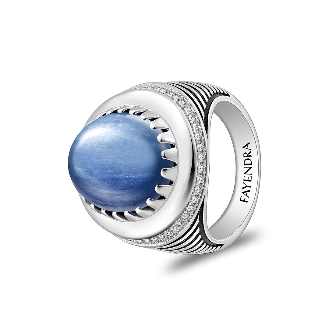 خاتم رجالي من الفضة الخالصة عيار 925 مطلي روديوم و اسود مرصع احجار كيانيت طبيعي كابشون و فص ابيض