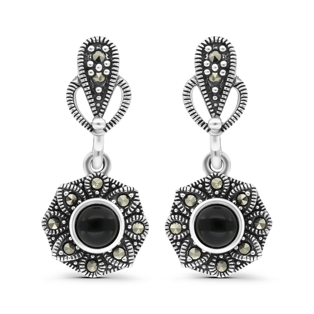 Sterling Silver 925 Earring Embedded With Natural Black Agate And Marcasite Stones