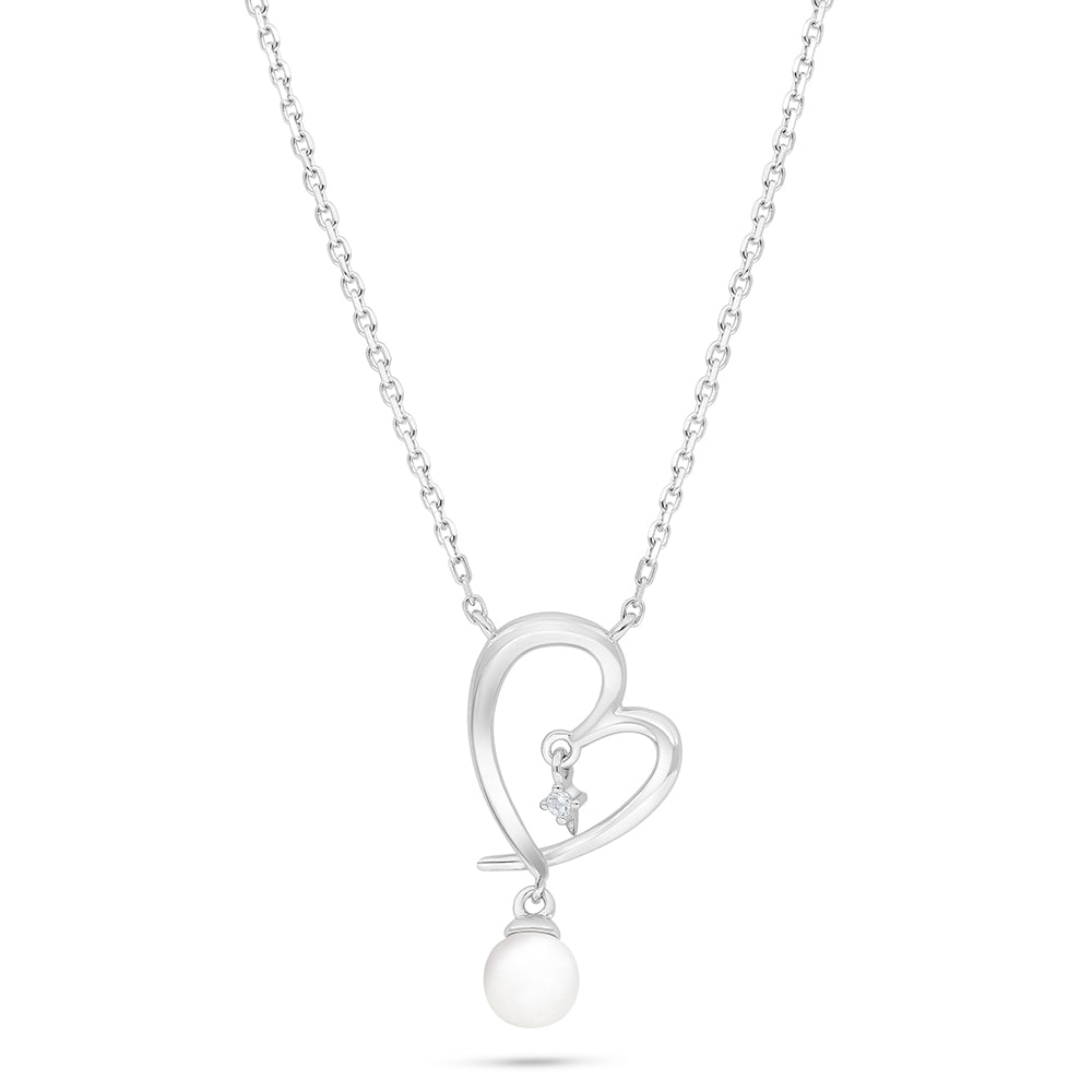 Sterling Silver 925 Necklace Rhodium Plated Embedded With Natural White Pearl And White Zircon