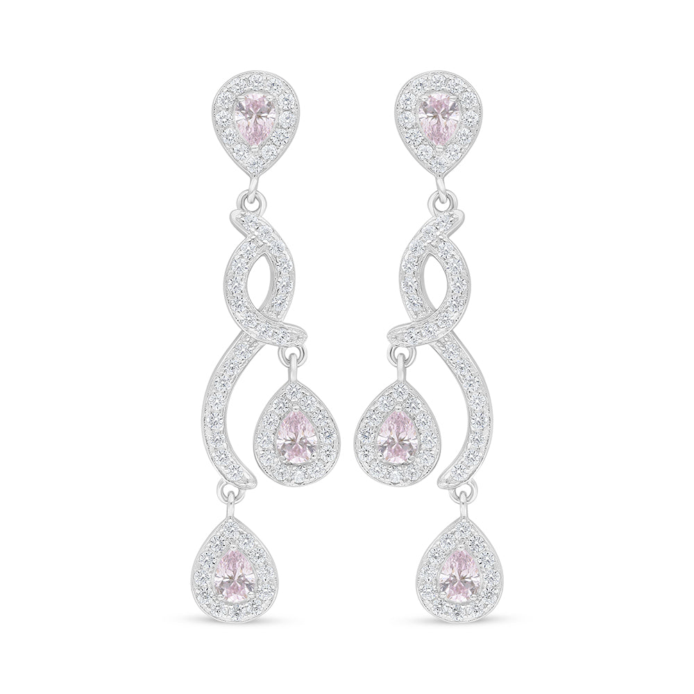 Sterling Silver 925 Earring Rhodium Plated Embedded With Pink Zircon And White Zircon