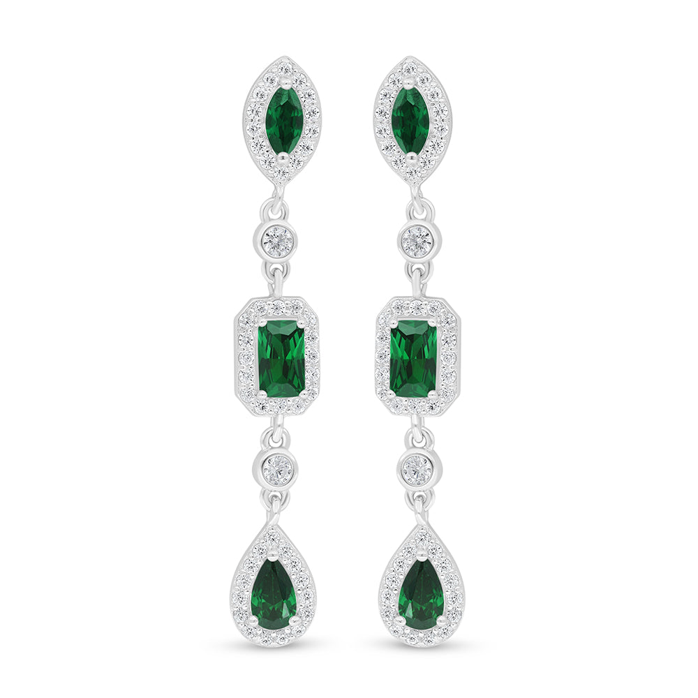 Sterling Silver 925 Earring Rhodium Plated Embedded With Emerald Zircon And White Zircon